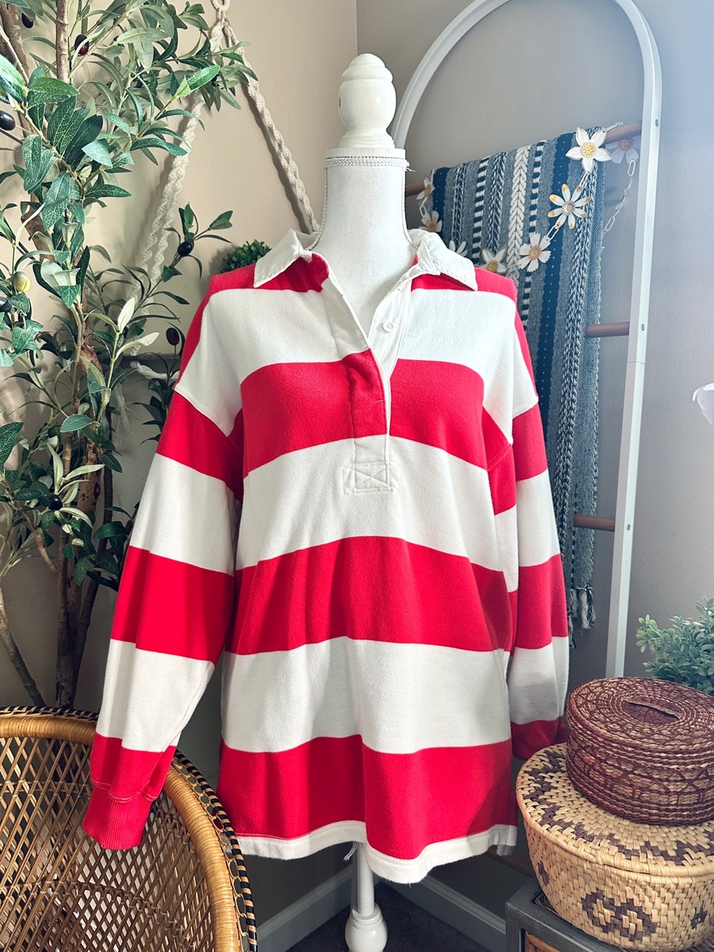 Aerie Oversized Rugby Stripe Collared Sweatshirt Size S
